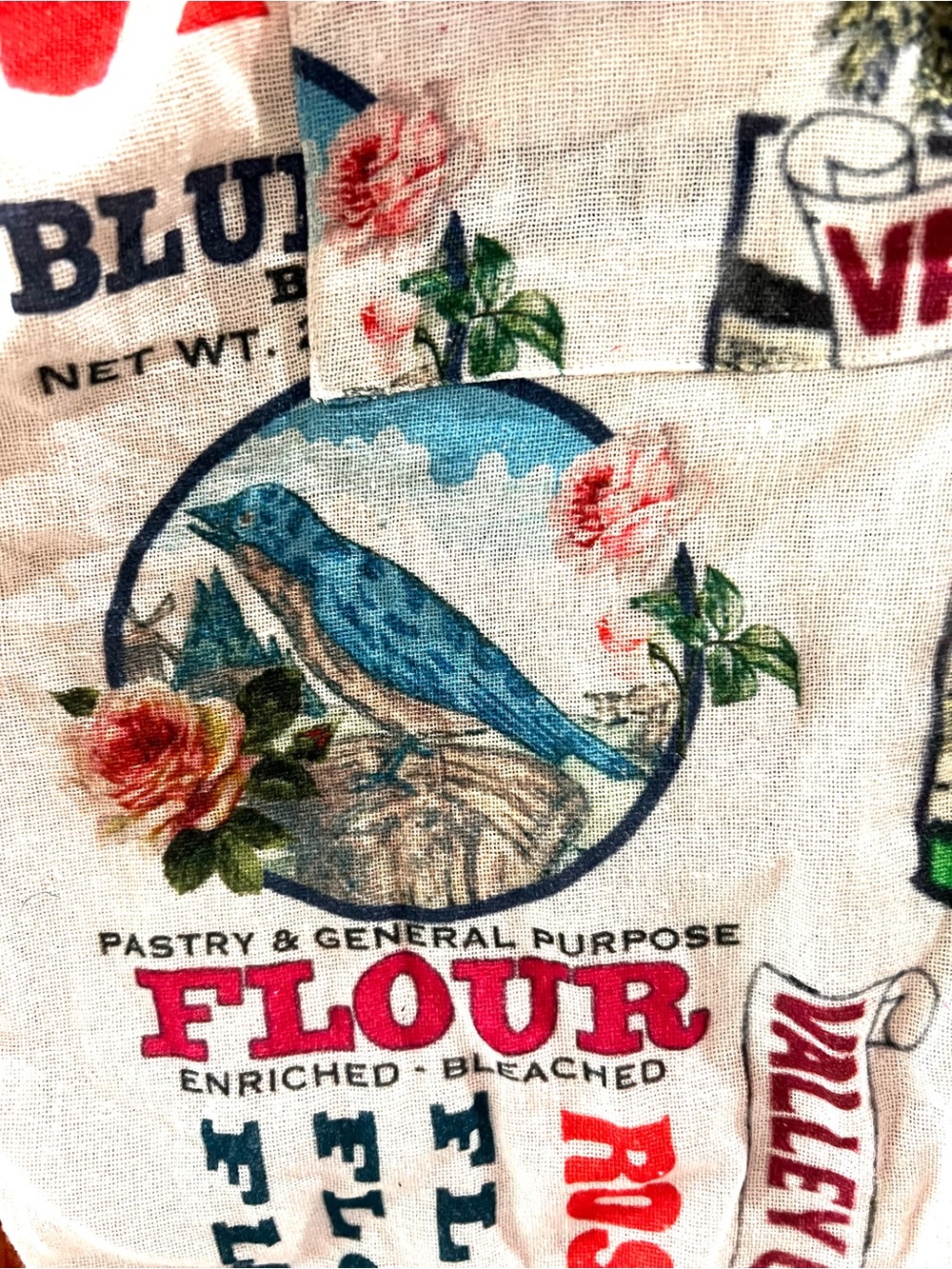 Cotton Vintage-Inspired Flour Sack Print Overalls with Blue Bird One Size - Picture 3 of 10